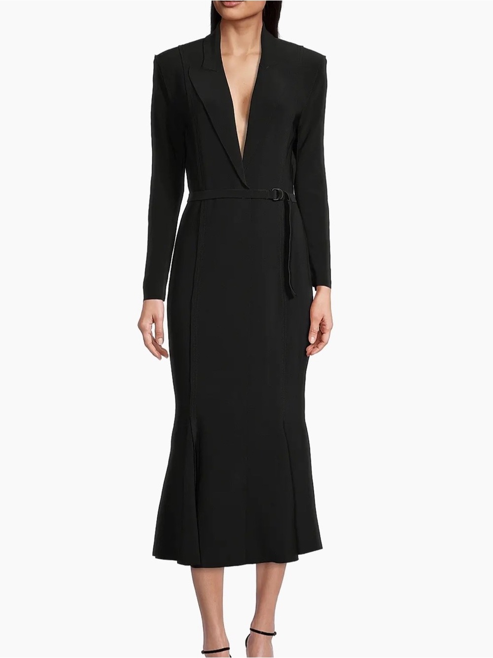 Norma Kamali Black Long Sleeve Belted V-Neck Fishtail Dress